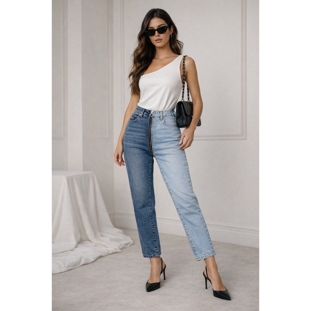 Revice Denim Two Tone‎ Split Jeans Front Back Zipper Sz 26 Rare Retro Y2K HiRise